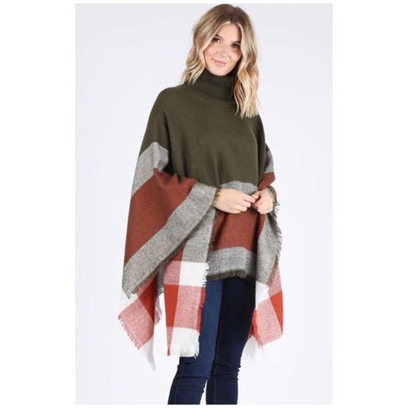 Olive Rust Frayed Trim Turtleneck Poncho Sweater - Picture 3 of 4